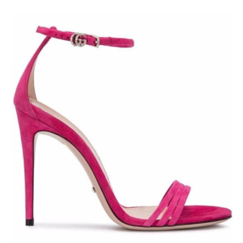 Gucci Suede Leather Crystal Logo Embellishments Sandals Heels Pink Sz 36.5 / 6.5